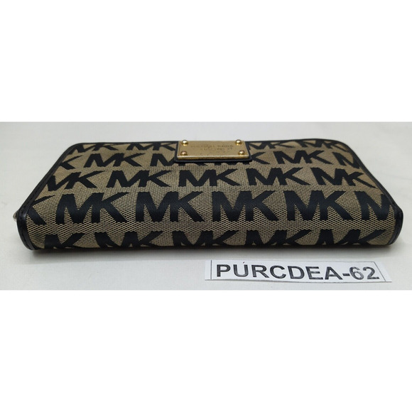 Michael Kors Black Canvas Leather Trim MK Printed Zip Around Credit Card Wallet - Picture 6 of 14